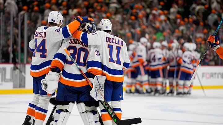 Oct 29, 2026; Saint Paul, Minnesota, USA; New York Islanders defenseman Scott Mayfield, forward Anthony Duclair and goalie Ilya Sorokin (30) Oct 29, 2026; Saint Paul, Minnesota, USA; New York Islanders defenseman Scott Mayfield, forward Anthony Duclair and goalie Ilya Sorokin (30)