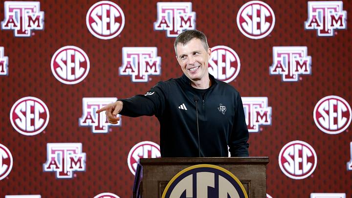 Oct 14, 2026; Birmingham, AL, USA;  Texas A&M Aggies head coach Bucky McMillan speaks during the SEC Basketball Tipoff at Grand Bohemian Hotel Mountain Brook.  Mandatory Credit: Butch Dill-Imagn Images