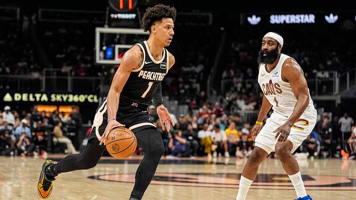 Apr 10, 2026; Atlanta, Georgia, USA; Atlanta Hawks forward Jalen Johnson (1) dribbles past Cleveland Cavaliers guard James Harden (1) during the first half at State Farm Arena. Mandatory Credit: Dale Zanine-Imagn Images Apr 10, 2026; Atlanta, Georgia, USA; Atlanta Hawks forward Jalen Johnson (1) dribbles past Cleveland Cavaliers guard James Harden (1) during the first half at State Farm Arena. Mandatory Credit: Dale Zanine-Imagn Images
