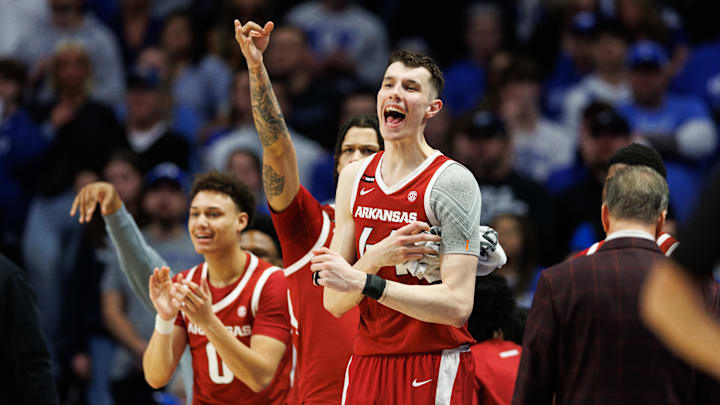 Feb 1, 2025; Lexington, Kentucky, USA; Arkansas Razorbacks forward Zvonimir Ivisic (44) celebrates from the bench during the second half against the Kentucky Wildcats at Rupp Arena at Central Bank Center. Mandatory Credit: Jordan Prather-Imagn Images