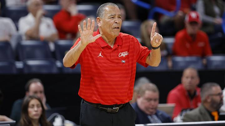 Mar 21, 2026; Oklahoma City, OK, USA; Houston Cougars head coach Kelvin Sampson shouts from the sidelines during the first half against the Texas A&M Aggies in a second round game of the men's 2026 NCAA Tournament at Paycom Center. Mandatory Credit: Alonzo Adams-Imagn Images