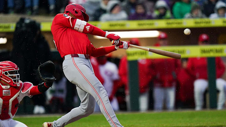 Reds prospects outfielder Will Benson (30) hits a homer in the third inning of the final spring training game between the Cincinnati Reds and Reds prospects, Tuesday, March 25, 2025, at Day Air Ballpark in Dayton.