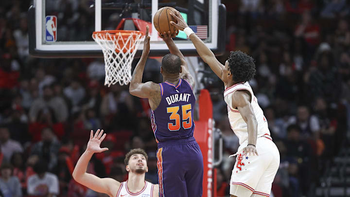 Feb 23, 2024; Houston, Texas, USA; Houston Rockets forward Amen Thompson (1) attempts to block a shot by Phoenix Suns forward Kevin Durant (35) during the second quarter at Toyota Center. Mandatory Credit: Troy Taormina-Imagn Images Feb 23, 2024; Houston, Texas, USA; Houston Rockets forward Amen Thompson (1) attempts to block a shot by Phoenix Suns forward Kevin Durant (35) during the second quarter at Toyota Center. Mandatory Credit: Troy Taormina-Imagn Images