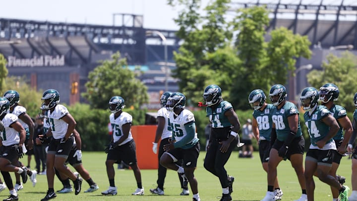 May 30, 2024; Philadelphia, PA, USA; The Philadelphia Eagles run drills at NovaCare Complex. Mandatory Credit: Bill Streicher-USA TODAY Sports