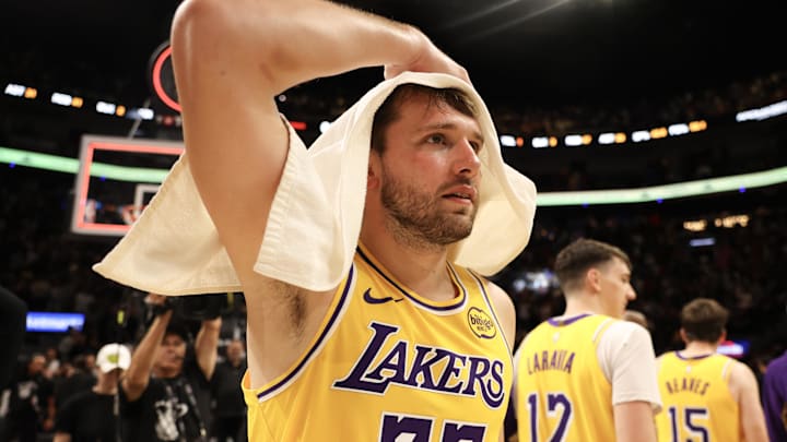 Mar 19, 2026; Miami, Florida, USA; Los Angeles Lakers guard Luka Doncic (77) after 60 point game against the Miami Heat at Kaseya Center. Mandatory Credit: Isabella Frias-Imagn Images Mar 19, 2026; Miami, Florida, USA; Los Angeles Lakers guard Luka Doncic (77) after 60 point game against the Miami Heat at Kaseya Center. Mandatory Credit: Isabella Frias-Imagn Images