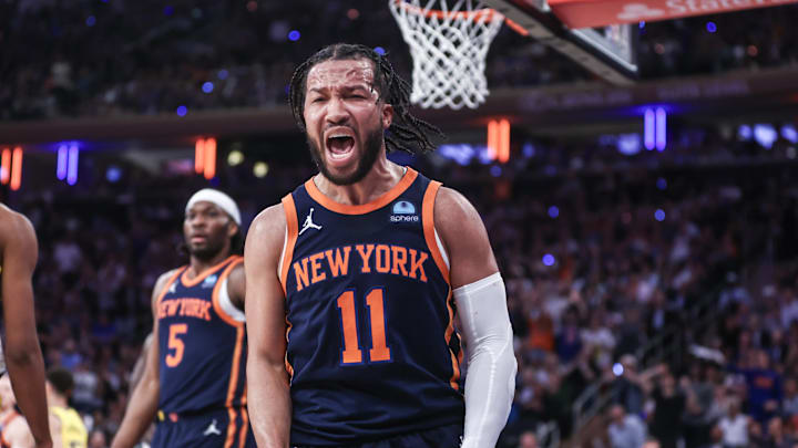 May 8, 2024; New York, New York, USA; New York Knicks guard Jalen Brunson (11) celebrates in the fourth quarter  after scoring against the Indiana Pacers during game two of the second round for the 2024 NBA playoffs at Madison Square Garden. Mandatory Credit: Wendell Cruz-Imagn Images