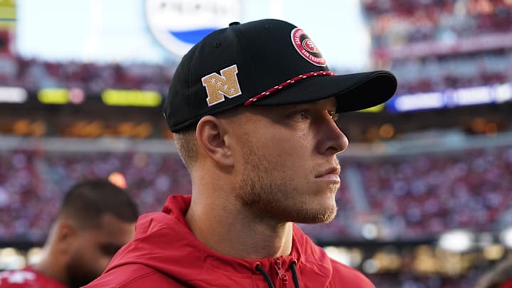 Sep 9, 2024; Santa Clara, California, USA; San Francisco 49ers running back Christian McCaffrey (23) watches injured from the sidelines in the second quarter against the New York Jets at Levi's Stadium. Mandatory Credit: David Gonzales-Imagn Images