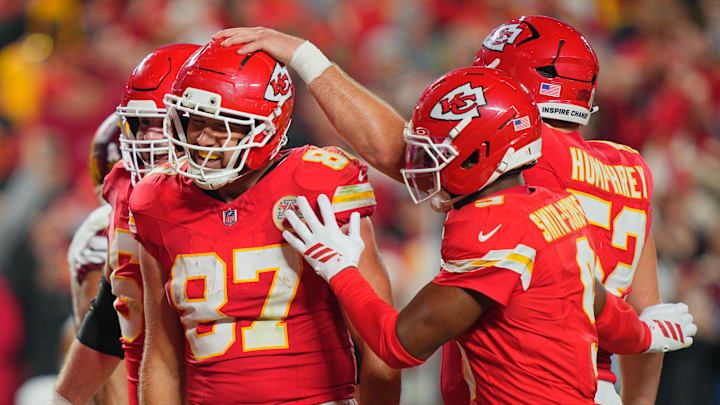 Oct 27, 2025; Kansas City, Missouri, USA; Kansas City Chiefs tight end Travis Kelce (87) celebrates after scoring a touchdown against the Washington Commanders during the third quarter of the game at GEHA Field at Arrowhead Stadium. Mandatory Credit: Jay Biggerstaff-Imagn Images