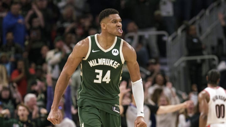 Nov 26, 2023; Milwaukee, Wisconsin, USA;  Milwaukee Bucks forward Giannis Antetokounmpo (34) reacts after scoring a basket during the fourth quarter against the Portland Trail Blazers at Fiserv Forum. Mandatory Credit: Jeff Hanisch-USA TODAY Sports