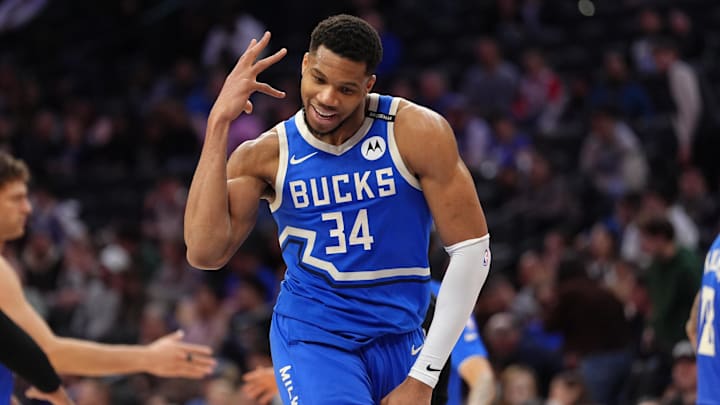 Apr 3, 2025; Philadelphia, Pennsylvania, USA; Milwaukee Bucks forward Giannis Antetokounmpo (34) reacts against the Philadelphia 76ers in the fourth quarter at Wells Fargo Center. Mandatory Credit: Kyle Ross-Imagn Images