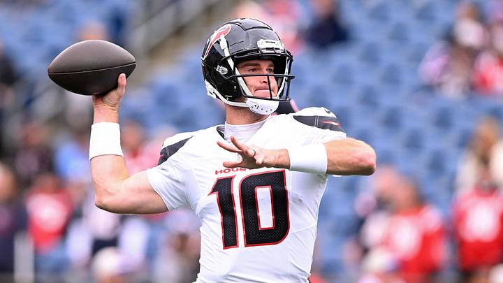Oct 13, 2024; Foxborough, Massachusetts, USA; Houston Texans quarterback Davis Mills (10) looks to throw the ball before a game against the New England Patriots at Gillette Stadium. Mandatory Credit: Brian Fluharty-Imagn Images