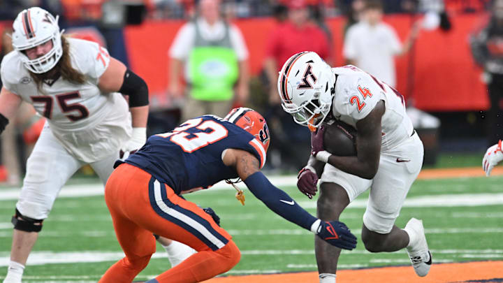 Nov 2, 2024; Syracuse, New York, USA; Virginia Tech Hokies running back Malachi Thomas (24) prepares for contact by Syracuse Orange defensive back Devin Grant (23) in the third quarter at JMA Wireless Dome. Mandatory Credit: Mark Konezny-Imagn Images