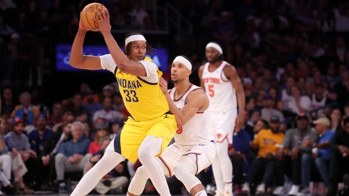 May 19, 2024; New York, New York, USA; Indiana Pacers center Myles Turner (33) controls the ball against New York Knicks guard Josh Hart (3) during the fourth quarter of game seven of the second round of the 2024 NBA playoffs at Madison Square Garden. Mandatory Credit: Brad Penner-USA TODAY Sports May 19, 2024; New York, New York, USA; Indiana Pacers center Myles Turner (33) controls the ball against New York Knicks guard Josh Hart (3) during the fourth quarter of game seven of the second round of the 2024 NBA playoffs at Madison Square Garden. Mandatory Credit: Brad Penner-USA TODAY Sports