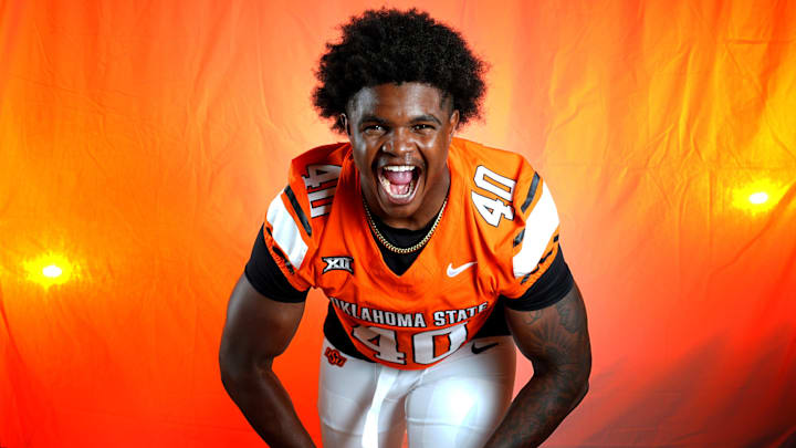 Oklahoma State linebacker Taje McCoy poses for a photograph during the Oklahoma State Cowboys football media days in Gallagher-Iba Arena in Stillwater, Oklahoma, Saturday, Aug., 2, 2025.