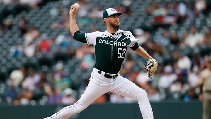 Colorado Rockies relief pitcher Daniel Bard (52) pitches in the ninth inning against the San Diego Padres at Coors Field in 2023. 
