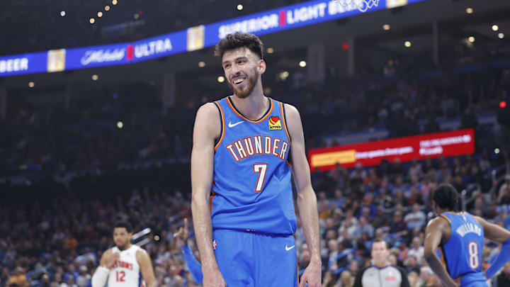 Apr 2, 2025; Oklahoma City, Oklahoma, USA; Oklahoma City Thunder forward Chet Holmgren (7) reacts after a call against him on a play against the Detroit Pistons during the first quarter at Paycom Center. Mandatory Credit: Alonzo Adams-Imagn Images