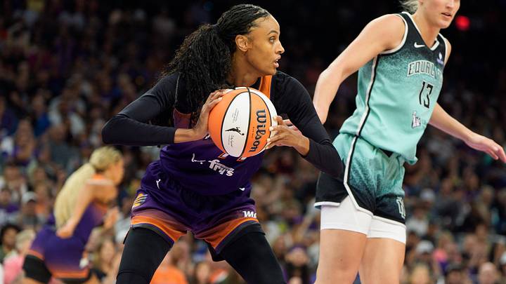 Sep 14, 2025; Phoenix, Arizona, USA; Phoenix Mercury guard-forward DeWanna Bonner (14) comes down with the rebound in the second half against the New York Liberty during game one of the 2025 WNBA Playoffs round one at PHX Arena. Mandatory Credit: Allan Henry-Imagn Images
