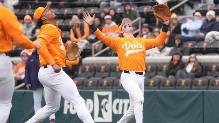 Tennessee infielder/outfielder Andrew Fischer (11) calls for a fly ball at a Tennessee baseball game against Samford, in Lindsey Nelson Stadium at University of Tennessee in Knoxville, Tenn., Saturday, Feb. 22, 2025.
