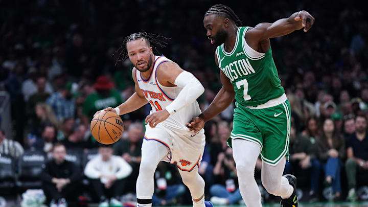 Oct 22, 2024; Boston, Massachusetts, USA; Boston Celtics guard Jaylen Brown (7) defends against New York Knicks guard Jalen Brunson (11) in the second half at TD Garden. Mandatory Credit: David Butler II-Imagn Images Oct 22, 2024; Boston, Massachusetts, USA; Boston Celtics guard Jaylen Brown (7) defends against New York Knicks guard Jalen Brunson (11) in the second half at TD Garden. Mandatory Credit: David Butler II-Imagn Images
