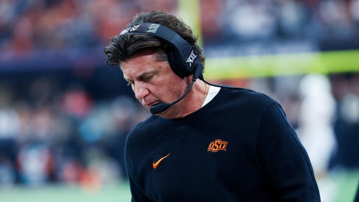 Dec 2, 2023; Arlington, TX, USA;  Oklahoma State Cowboys head coach Mike Gundy during the first half against the Texas Longhorns at AT&T Stadium. Mandatory Credit: Kevin Jairaj-USA TODAY Sports