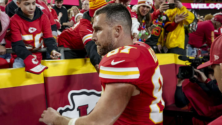 Dec 25, 2025; Kansas City, Missouri, USA; Kansas City Chiefs tight end Travis Kelce (87) after the game at GEHA Field at Arrowhead Stadium. Mandatory Credit: Denny Medley-Imagn Images
