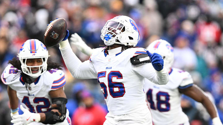 Jan 5, 2025; Foxborough, Massachusetts, USA; Buffalo Bills defensive end Javon Solomon (56) reacts after recovering a fumble against the New England Patriots during the second half at Gillette Stadium. Mandatory Credit: Brian Fluharty-Imagn Images