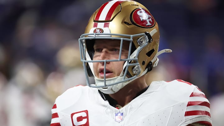 San Francisco 49ers running back Christian McCaffrey (23) looks on during warmups before the game against the Indianapolis Colts at Lucas Oil Stadium. San Francisco 49ers running back Christian McCaffrey (23) looks on during warmups before the game against the Indianapolis Colts at Lucas Oil Stadium.