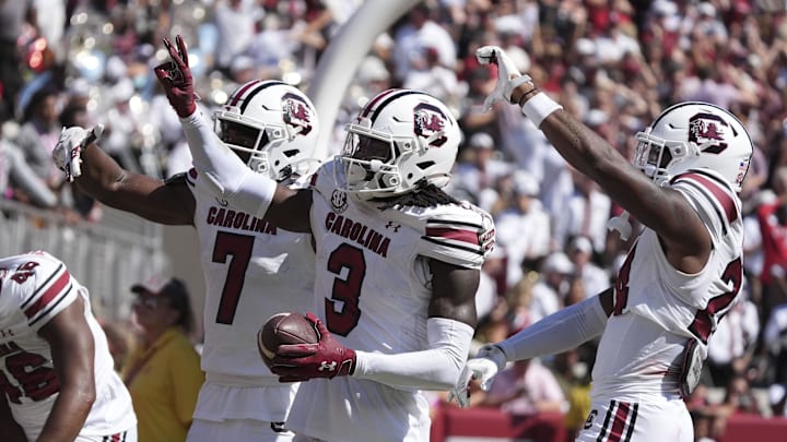 Oct 12, 2024; Tuscaloosa, Alabama, USA; South Carolina Gamecocks defensive back O'Donnell Fortune (3) celebrates with teammates after making an interception to save a touchdown at Bryant-Denny Stadium. Alabama defeated South Carolina 27-25. Oct 12, 2024; Tuscaloosa, Alabama, USA; South Carolina Gamecocks defensive back O'Donnell Fortune (3) celebrates with teammates after making an interception to save a touchdown at Bryant-Denny Stadium. Alabama defeated South Carolina 27-25.