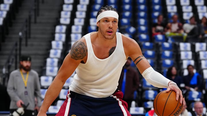 Apr 20, 2026; Denver, Colorado, USA; Denver Nuggets forward Aaron Gordon (32) warms up before game two of the first round of the 2026 NBA Playoffs against the Minnesota Timberwolves at Ball Arena. Mandatory Credit: Ron Chenoy-Imagn Images