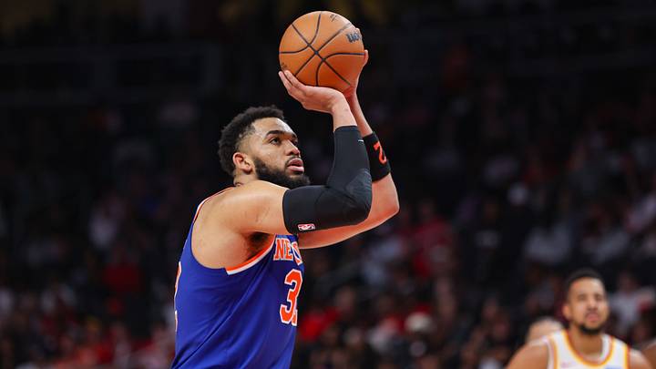 Apr 30, 2026; Atlanta, Georgia, USA; New York Knicks center Karl-Anthony Towns (32) shoots a free throw against the Atlanta Hawks in the second quarter during game six of the first round of the 2026 NBA Playoffs at State Farm Arena. Mandatory Credit: Brett Davis-Imagn Images Apr 30, 2026; Atlanta, Georgia, USA; New York Knicks center Karl-Anthony Towns (32) shoots a free throw against the Atlanta Hawks in the second quarter during game six of the first round of the 2026 NBA Playoffs at State Farm Arena. Mandatory Credit: Brett Davis-Imagn Images