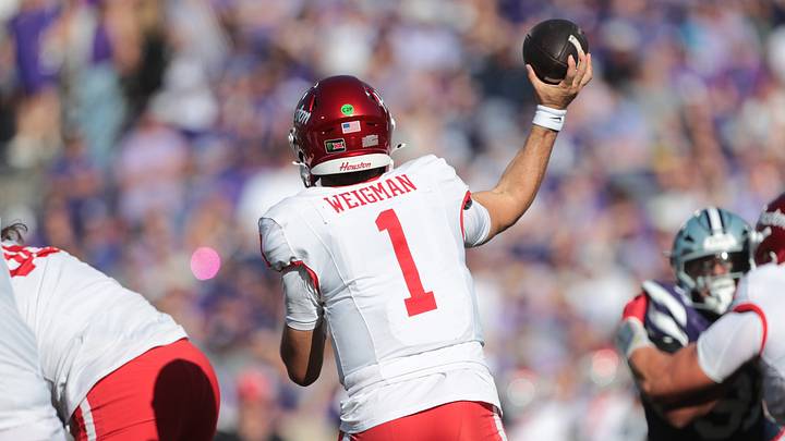 Houston QB Conner Weigman throws a pass against Kansas State inside Bill Snyder Family Stadium in Manhattan, Kansas, on Oct. 10, 2026. Houston QB Conner Weigman throws a pass against Kansas State inside Bill Snyder Family Stadium in Manhattan, Kansas, on Oct. 10, 2026.