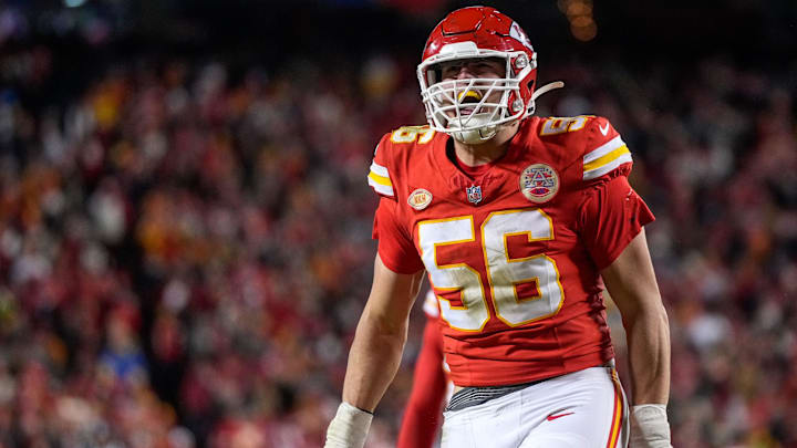 Kansas City Chiefs defensive end George Karlaftis (56) celebrates a stop in the fourth quarter of the NFL Week 17 game between the Kansas City Chiefs and the Cincinnati Bengals at Arrowhead Stadium in Kansas City, Mo., on Sunday, Dec. 31, 2023. The Chiefs won 25-17 to clinch the AFC West Championship.