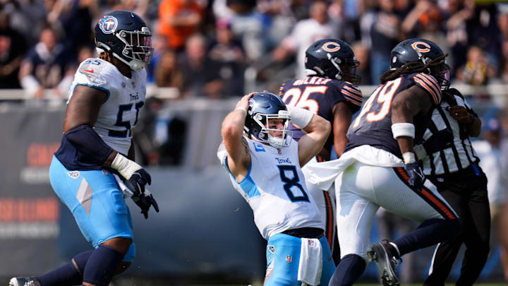Tennessee Titans quarterback Will Levis (8) reacts to an interception that was returned for a Chicago Bears touchdown during the fourth quarter at Soldier Field in Chicago, Ill., Sunday, Sept. 8, 2024.