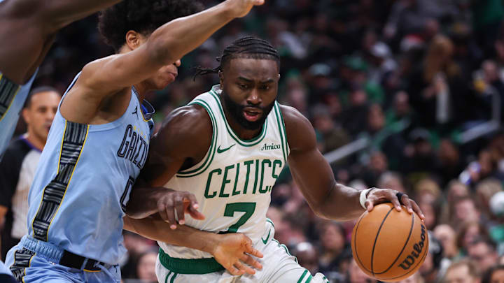 Dec 7, 2024; Boston, Massachusetts, USA; Boston Celtics forward Jaylen Brown (7) drives to the basket during the first half against the Memphis Grizzlies at TD Garden. Mandatory Credit: Paul Rutherford-Imagn Images