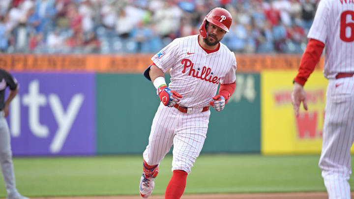 Apr 29, 2025; Philadelphia, Pennsylvania, USA; Philadelphia Phillies outfielder Kyle Schwarber (12) runs the bases after hitting a home run during the first inning against the Washington Nationals at Citizens Bank Park. Mandatory Credit: Eric Hartline-Imagn Images