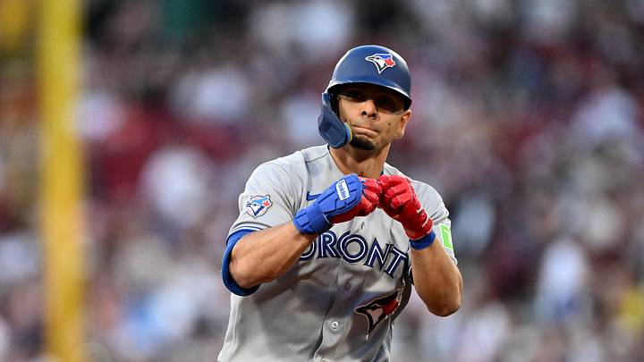 Toronto Blue Jays shortstop Andrés Giménez reacts after hitting a solo home run. Toronto Blue Jays shortstop Andrés Giménez reacts after hitting a solo home run.