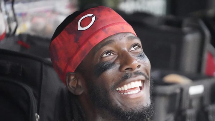 Aug 6, 2025; Chicago, Illinois, USA; Cincinnati Reds shortstop Elly De La Cruz (44) in the dugout in a game against the Chicago Cubs during the third inning  at Wrigley Field. Mandatory Credit: David Banks-Imagn Images