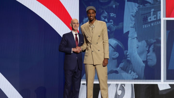 Jun 26, 2024; Brooklyn, NY, USA; Alexander Sarr poses for photos with NBA commissioner Adam Silver after being selected in the first round by the Washington Wizards in the 2024 NBA Draft at Barclays Center. Mandatory Credit: Brad Penner-USA TODAY Sports Jun 26, 2024; Brooklyn, NY, USA; Alexander Sarr poses for photos with NBA commissioner Adam Silver after being selected in the first round by the Washington Wizards in the 2024 NBA Draft at Barclays Center. Mandatory Credit: Brad Penner-USA TODAY Sports
