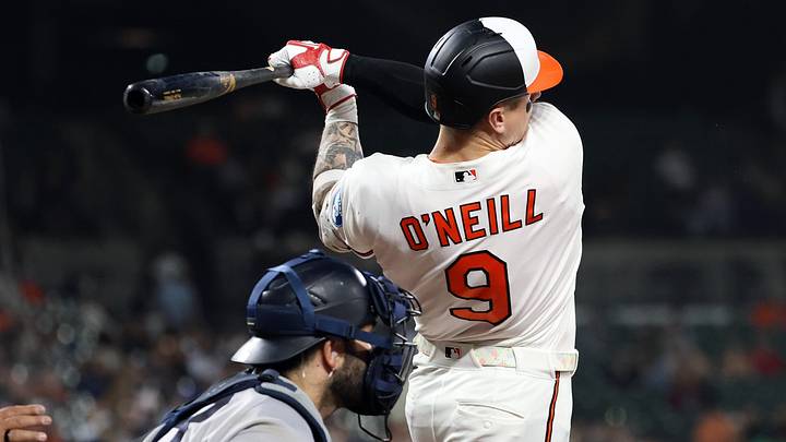 May 12, 2026; Baltimore, Maryland, USA; Baltimore Orioles right fielder Tyler O'Neill (9) hits an RBI double during the sixth inning against the New York Yankees at Oriole Park at Camden Yards. Mandatory Credit: Daniel Kucin Jr.-Imagn Images May 12, 2026; Baltimore, Maryland, USA; Baltimore Orioles right fielder Tyler O'Neill (9) hits an RBI double during the sixth inning against the New York Yankees at Oriole Park at Camden Yards. Mandatory Credit: Daniel Kucin Jr.-Imagn Images
