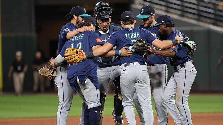 Jun 8, 2026; Baltimore, Maryland, USA; Seattle Mariners players celebrate after a game against the Baltimore Orioles at Oriole Park at Camden Yards. Mandatory Credit: Daniel Kucin Jr.-Imagn Images