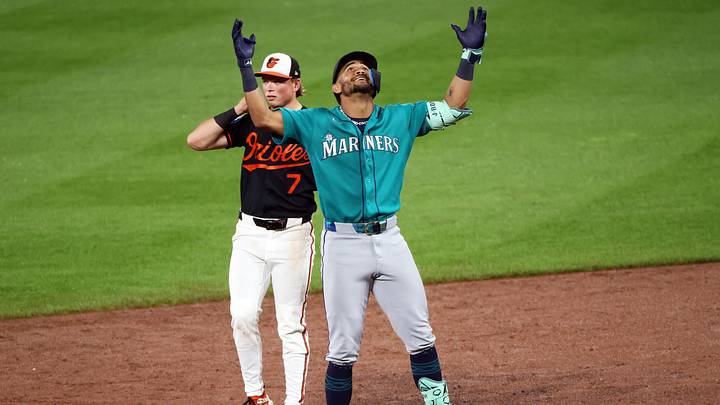 Jun 11, 2026; Baltimore, Maryland, USA; Seattle Mariners center fielder Julio Rodríguez (44) celebrates after reaching second safely during the ninth inning against the Baltimore Orioles at Oriole Park at Camden Yards. Mandatory Credit: Daniel Kucin Jr.-Imagn Images