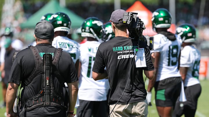 Jul 22, 2023; Florham Park, NJ, USA; An NFL Films crew for the HBO television series Hard Knocks stand behind New York Jets receivers during the New York Jets Training Camp at Atlantic Health Jets Training Center.