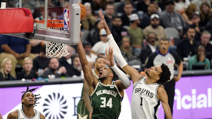 Jan 31, 2025; San Antonio, Texas, USA; Milwaukee Bucks forward Giannis Antetokounmpo (34) drives to the basket past San Antonio Spurs center Victor Wembanyama (1) during the second half at Frost Bank Center. Mandatory Credit: Scott Wachter-Imagn Images Jan 31, 2025; San Antonio, Texas, USA; Milwaukee Bucks forward Giannis Antetokounmpo (34) drives to the basket past San Antonio Spurs center Victor Wembanyama (1) during the second half at Frost Bank Center. Mandatory Credit: Scott Wachter-Imagn Images