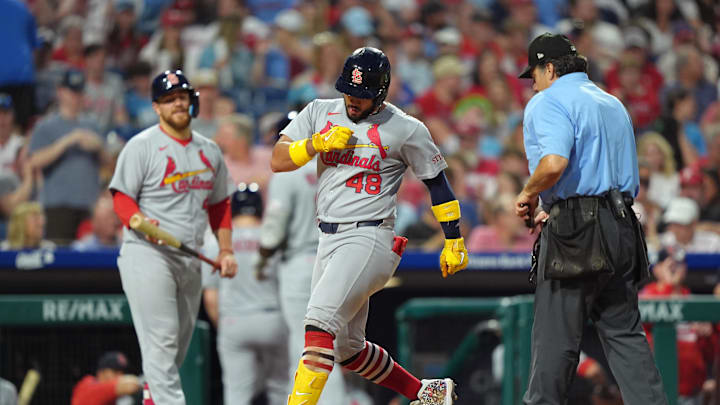 May 12, 2025; Philadelphia, Pennsylvania, USA; St. Louis Cardinals catcher Ivan Herrera (48) reacts after hitting a home run against the Philadelphia Phillies in the sixth inning at Citizens Bank Park. Mandatory Credit: Kyle Ross-Imagn Images