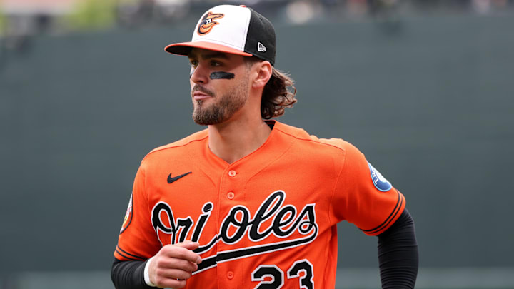 Apr 25, 2026; Baltimore, Maryland, USA; Baltimore Orioles left fielder Blaze Alexander (23) looks on before a game against the Boston Red Sox at Oriole Park at Camden Yards. Mandatory Credit: Daniel Kucin Jr.-Imagn Images