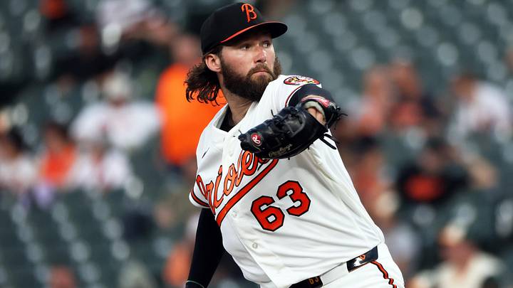 Jun 10, 2026; Baltimore, Maryland, USA; Baltimore Orioles pitcher Brandon Young (63) throws during the seventh inning against the Seattle Mariners at Oriole Park at Camden Yards. Mandatory Credit: Daniel Kucin Jr.-Imagn Images