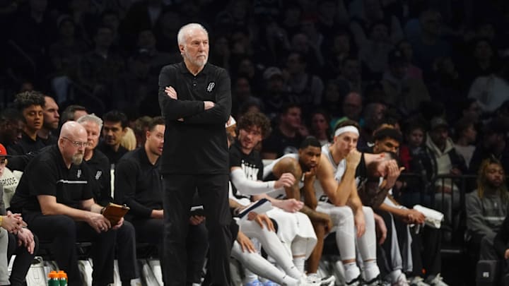 Feb 10, 2024; Brooklyn, New York, USA; San Antonio Spurs head coach Greg Popovich looks on from the sidelines during the first half against the Brooklyn Nets at Barclays Center. Mandatory Credit: Gregory Fisher-Imagn Images