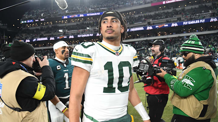 Jan 12, 2025; Philadelphia, Pennsylvania, USA; Green Bay Packers quarterback Jordan Love (10) reacts after the game against the Philadelphia Eagles in an NFC wild card game at Lincoln Financial Field. Mandatory Credit: Eric Hartline-Imagn Images