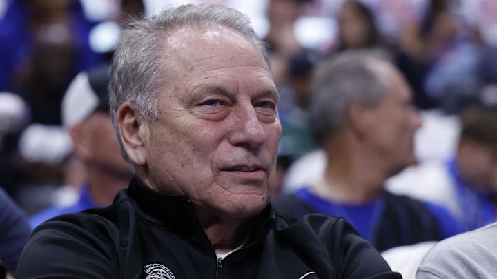 Apr 22, 2026; Detroit, Michigan, USA; Michigan State head basketball coach Tom Izzo watches during the first half of the game between the Detroit Pistons and the Orlando Magic during game two of the first round of the 2026 NBA Playoffs at Little Caesars Arena. Mandatory Credit: Rick Osentoski-Imagn Images