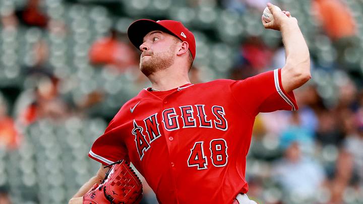 Aug 5, 2026; Baltimore, Maryland, USA; Los Angeles Angels pitcher Reid Detmers (48) throws during the first inning against the Baltimore Orioles at Oriole Park at Camden Yards. Mandatory Credit: Daniel Kucin Jr.-Imagn Images